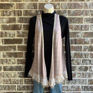 Daytrip Women's Knit Top Cover Up Open Front Ruffled Lace Trim beige Size M